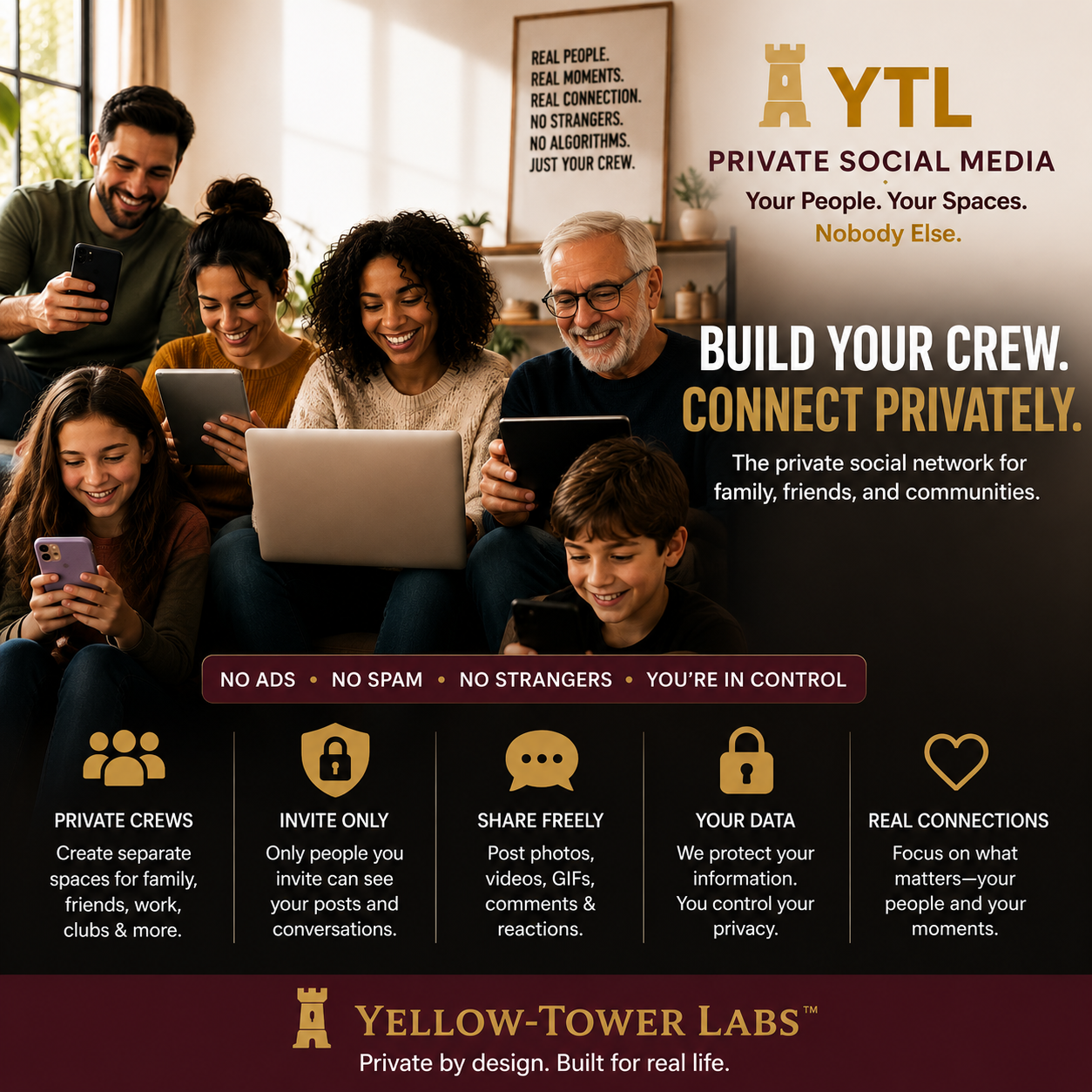 Family and friends connecting privately on Yellow-Tower Labs